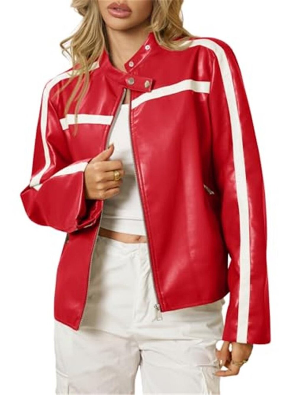 Women's Faux Leather Bomber Jackets Zip Up Color Block Moto Biker